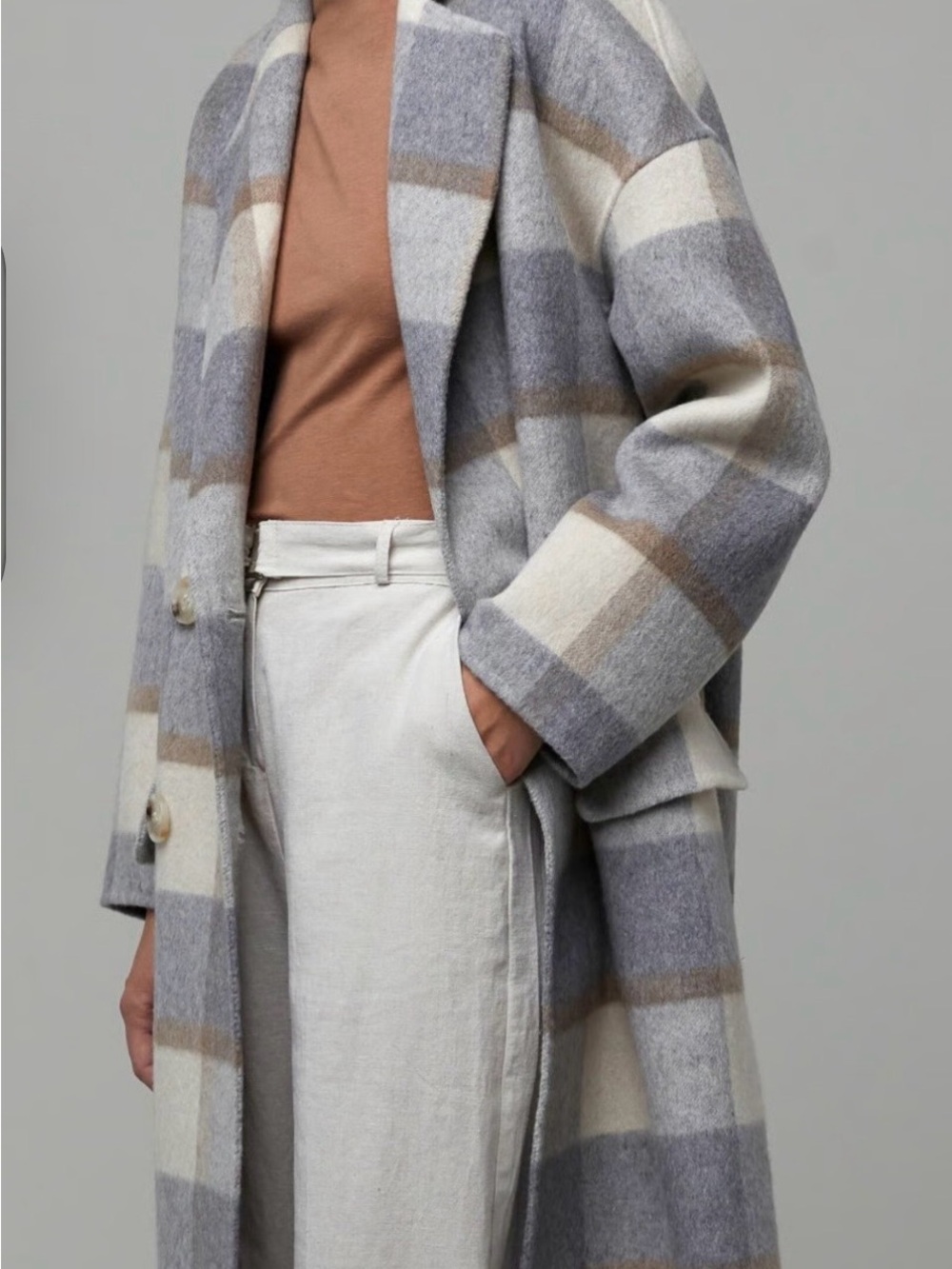 OAK + FORT Checked Long Trench Coat in Gray, Cream & Tan